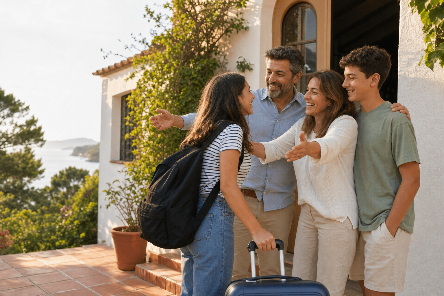 Familia de acogida dando la bienvenida a una estudiante internacional en la puerta de casa